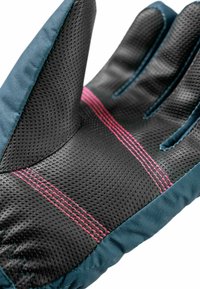 Svarta handskar med texturerat grepp, teal-färgad tyg vid ärmslutet, och rosa sömnadsdetaljer längs handflatan och fingertopparna för en extra design.