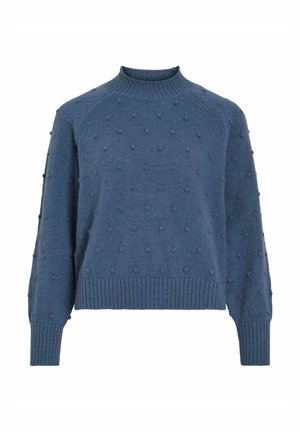 Suéter de punto azul con cuello redondo, que presenta acentos de burbujas texturizadas y puños acanalados. Corte relajado con mangas raglán.