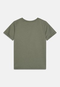 Olive green t-shirt made from soft, stretchable cotton material. Features short sleeves, rounded neckline, and seamless back design.