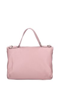 Borsa a tracolla in pelle rosa con una texture liscia, forma rettangolare e due decorazioni circolari in metallo sui manici superiori.