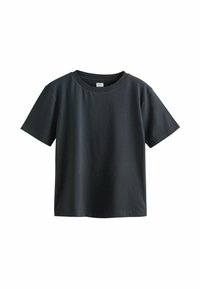 Black short-sleeve t-shirt in a solid color, made of cotton, featuring a round neck and a relaxed fit. Smooth texture, no patterns or accents.