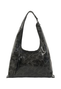 Borsa hobo in pelle nera con design morbido, una tracolla larga e una tasca laterale con cerniera. Finitura testurizzata e stile minimalista.