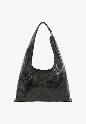 Sac hobo en cuir noir avec un design souple, une large bandoulière et une poche zippée latérale. Finition texturée et style minimaliste.
