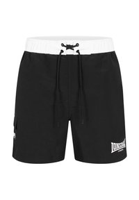 Črne kopalne hlače z belim pasom, nastavljiva vrvica, stranski žep in logo Lonsdale London na spodnjem desnem sprednjem delu.