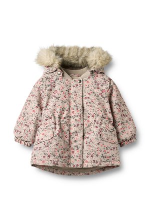 Manteau d'hiver pour tout-petit rose clair à fleurs, avec capuche doublée en fausse fourrure beige, fermeture devant à boutons-pression et poignets élastiques aux manches.