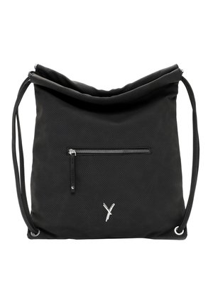 Black perforated shoulder bag with adjustable strap, front zip pocket, and small silver logo detailing on a smooth, rounded-top design.