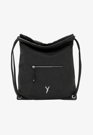 Sac à bandoulière noir perforé avec sangle réglable, poche avant zippée et petit logo argenté sur un design lisse à sommet arrondi.