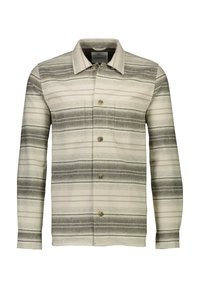 Camicia a righe nei toni beige e grigi, con colletto, maniche lunghe e due tasche frontali con chiusura a bottone.