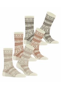 Set aus fünf gemusterten Socken in verschiedenen Brauntönen und Creme. Mit geometrischen Designs und gerippten Bündchen für Textur.