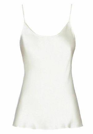 Camisola in seta avorio con spalline sottili, scollatura a barca e una silhouette svasata fluida. Texture liscia e design minimalista.