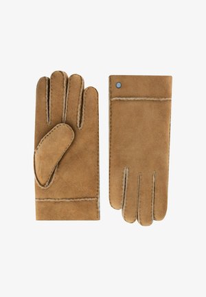 Brown leather gloves featuring a classic design, stitched detailing, and a snug fit, with a fingerless thumb on the left glove.