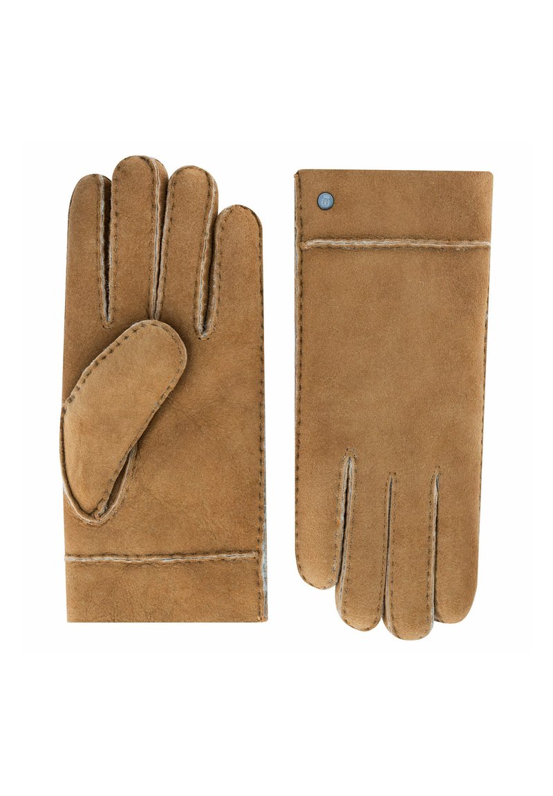 Guantes de cuero marrón con un diseño clásico, detalles de costura y un ajuste ceñido, con un pulgar sin dedos en el guante izquierdo.