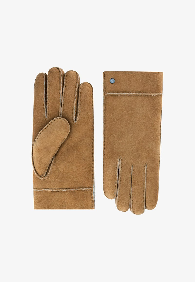 Braune Lederhandschuhe mit klassischem Design, gestickten Details und eng anliegendem Sitz, mit einem fingerlosen Daumen bei der linken Handschuh.