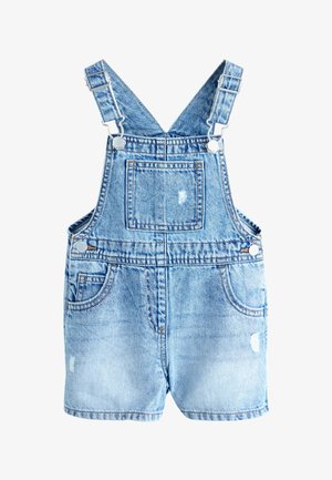 Svetlo modre kratke denim hlače z nastavljivimi naramnicami, sprednjim žepom na prsih, stranskimi žepi in rahlimi obrabljenimi detajli.