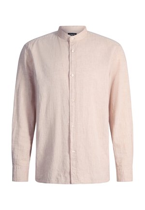 Camicia di lino rosa chiaro a maniche lunghe con colletto alla coreana e chiusura frontale con bottoni.