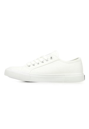 Des baskets blanches en toile présentent un bout arrondi, six œillets métalliques et une semelle en caoutchouc texturé. Design minimaliste, adapté à une tenue décontractée.