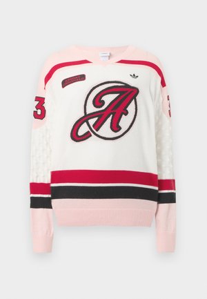 Knitted sweater in cream, with red, pink, and black stripes. Features large red "A" logo, textured sleeves, and "Adidas Originals" label.