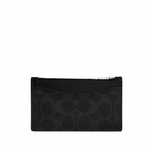 Zwarte leren kaarthouder met een bovenvak met rits en een gebogen voorvak voor kaarten, getextureerd met een subtiel reliëfpatroon.