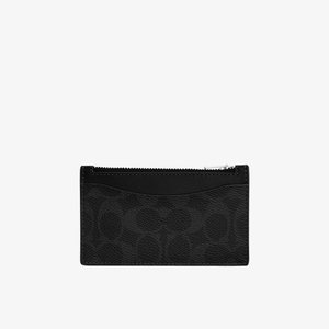 Zwarte leren kaarthouder met een bovenvak met rits en een gebogen voorvak voor kaarten, getextureerd met een subtiel reliëfpatroon.