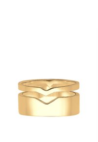 Gouden dubbele ringenset met een gladde band eronder en een chevron-vormige bovenband, beide met een gepolijste afwerking.