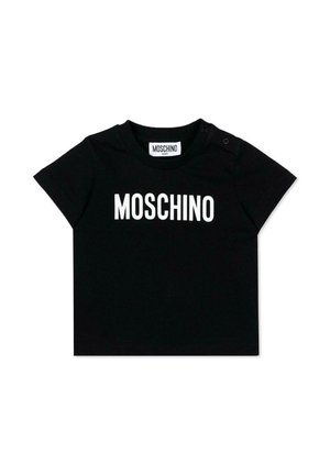 Czarny krótki rękaw niemowlęcej koszulki z białym napisem "MOSCHINO" na przodzie oraz dwoma zatrzaskami na ramionach do zapięcia.