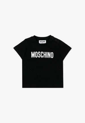 T-shirt nera a maniche corte per neonati con testo bianco "MOSCHINO" sul davanti e due bottoni automatici sulle spalle per la chiusura.