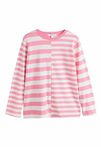 Chemise à manches longues à rayures horizontales roses et blanches, en coton doux avec un col rond et une coupe décontractée. Coutures simples.