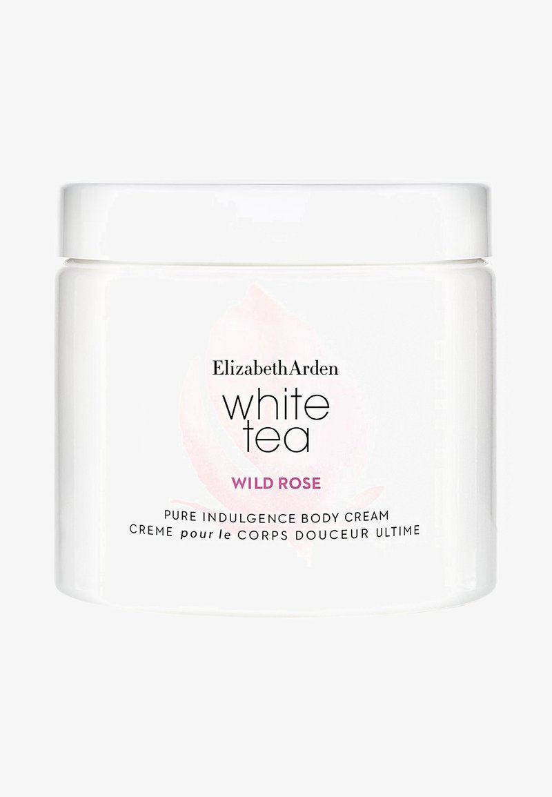 Tarro cilíndrico blanco de crema corporal con tapa blanca. La etiqueta presenta una ilustración de rosa rosa y el texto "Té Blanco Rosa Silvestre".