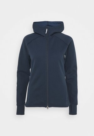 Marineblaues Zip-Hoodie mit Kapuze, aus glattem Material, mit langen Ärmeln und seitlichen Taschen. Kontrastnähte entlang der Schultern.