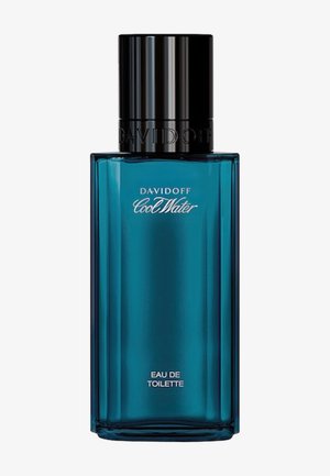 Flacon en verre rectangulaire bleu avec bouchon noir étiqueté parfum "Davidoff Cool Water Eau de Toilette".