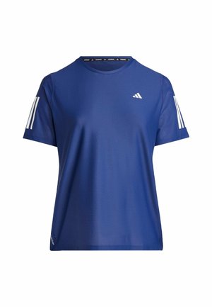 Camiseta deportiva azul de manga corta con logotipo de tres franjas blancas en el pecho y las mangas, cuello redondo, hecha de tejido transpirable.