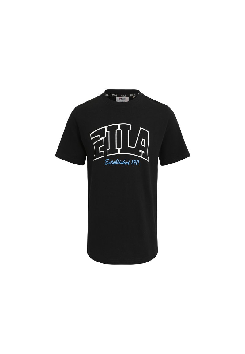 Svart bomullströja med en djärv, vit "FILA"-logotyp med blå detaljer och texten "Established 1911" i en modern, kurvad design.