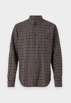 Langemouwen flanellen shirt in donkergroen, met een geruit patroon van roze en witte lijnen, knoopsluiting en een enkele borstzak.