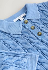 Pull bleu clair à torsades avec un grand col et trois boutons marron le long de la patte de poitrine.
