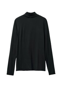 Maglietta nera a maniche lunghe con colletto alto, mostrata stesa con leggere pieghe, design semplice e scollatura alta.