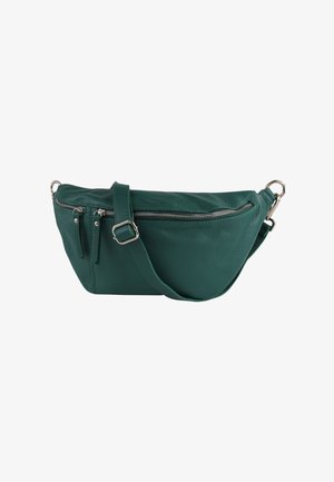 Turquoise leren crossbodytas met ritssluitingen, verstelbare riem en een gestructureerde afwerking. Voorzien van zilverkleurige hardware accenten.