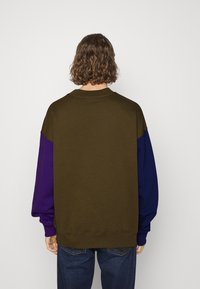 Oversized sweatshirt med olivgrön baksida, lila och blå ärmar, ribbade mudd och nederkant, tillverkad i mjukt bomullsmaterial.