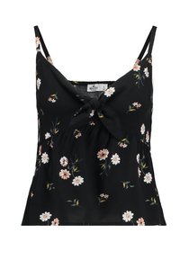 Svart blommig linne med framsidan knutdetalj. Materialet är lätt med små rosa och vita blommönster och tunna axelband.