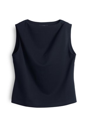 Navy sleeveless top made of soft fabric with a rounded neckline and a slightly draped front, featuring a clean hem and no visible closures.