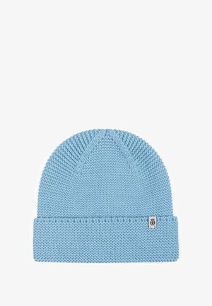 Knit beanie in light blue, featuring a textured design, a rolled cuff, and a small label on the side. Soft, stretchy material.