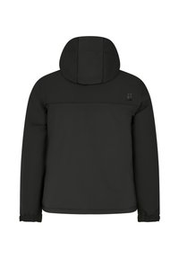 Juodas pūkinis švarkas su gobtuvu, elastinėmis rankovėmis ir lygiu paviršiumi. Viršutiniame kairiajame kampe yra logotipas, o dizainas yra paprastas.