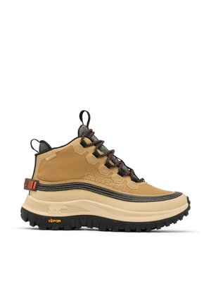 Tan hiking boot with a sturdy design, black rubber outsole, and textured grey collar. Features laces with orange and black accents, logo visible.