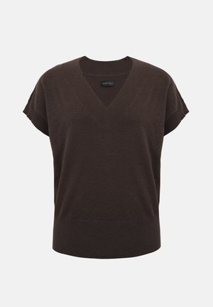 Mørkebrun kortermet strikket genservest med V-hals og ribbekant nederst og på ermene, med merkebånd merket ANNA FIELD inne i kragen.