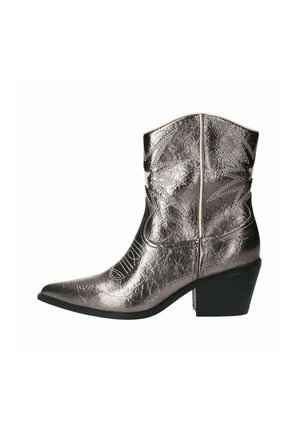 Bottes de cow-boy argentées métalliques avec un bout pointu, un petit talon carré et des motifs de couture élaborés. Texture lisse, détail de fermeture éclair à l'arrière.