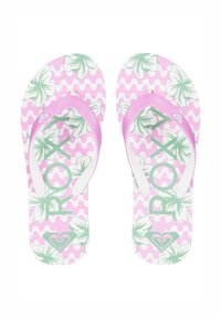 Rosa flip-flops med gröna palmbladsdesign och vågmönster. Har en ljusrosa rem och en logotyp i mintgrön på fotbädden.