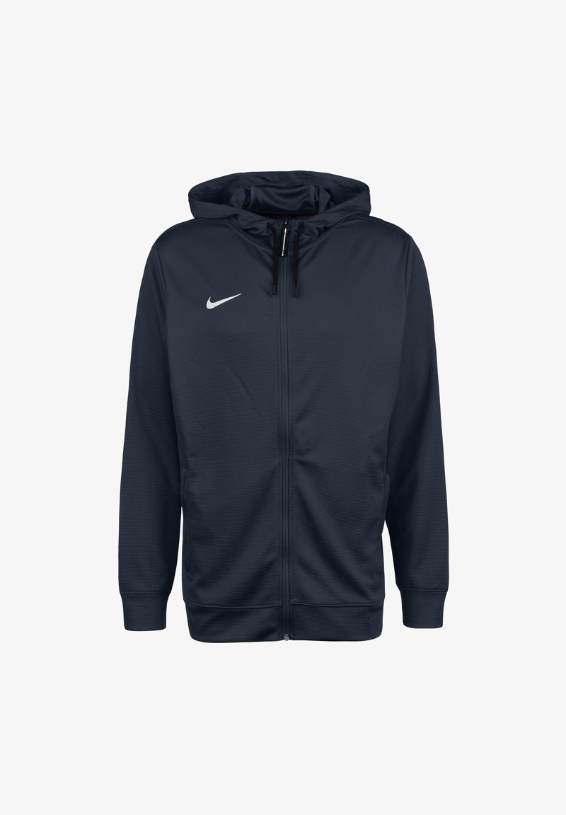 Sweat à capuche zippé Nike bleu marine avec un tissu texturé, une capuche à cordon ajustable et un logo blanc sur la poitrine gauche. Comprend des poignets et un ourlet côtelés.