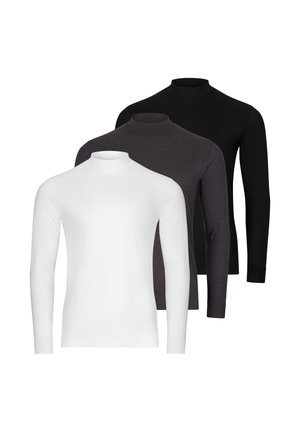 Drei Langarm-Shirts mit Stehkragen in Weiß, Dunkelgrau und Schwarz, von vorne nach hinten auf einem weißen Hintergrund angeordnet.