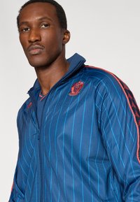 Μπλε αθλητικό μπουφάν με κάθετες ρίγες, ψηλό γιακά, πορτοκαλί λεπτομέρειες και λογότυπο. Κατασκευασμένο από απαλό, ελαφρύ ύφασμα. Φερμουάρ στο μπροστινό μέρος.