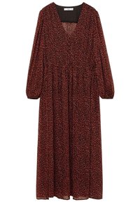 Robe midi à manches longues avec petit imprimé floral bordeaux et rose, col en V et taille froncée.