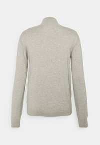 Maglione a collo alto grigio chiaro a maniche lunghe mostrato da dietro, con orlo e polsi a costine, su uno sfondo bianco semplice.
